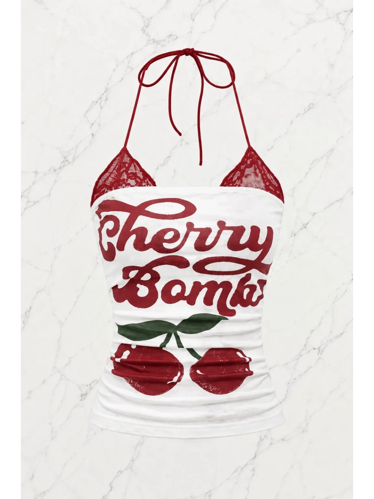 Beyaz Cherry Bomb Dantelli Ek Askılı Crop
