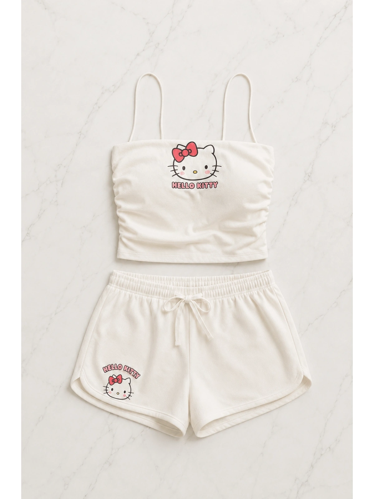Beyaz Hello Kitty Crop Şort Alt Üst Takım
