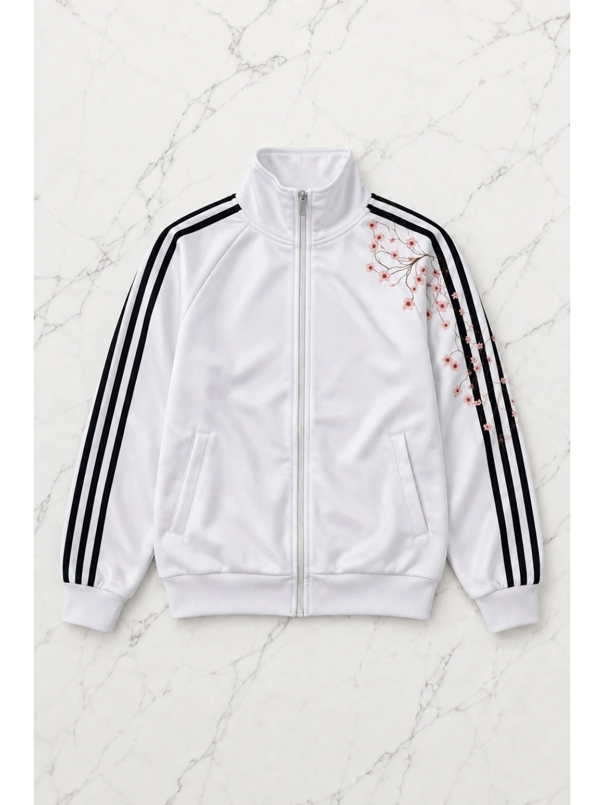 Çizgili Flower Oversize Unisex Ceket - Beyaz