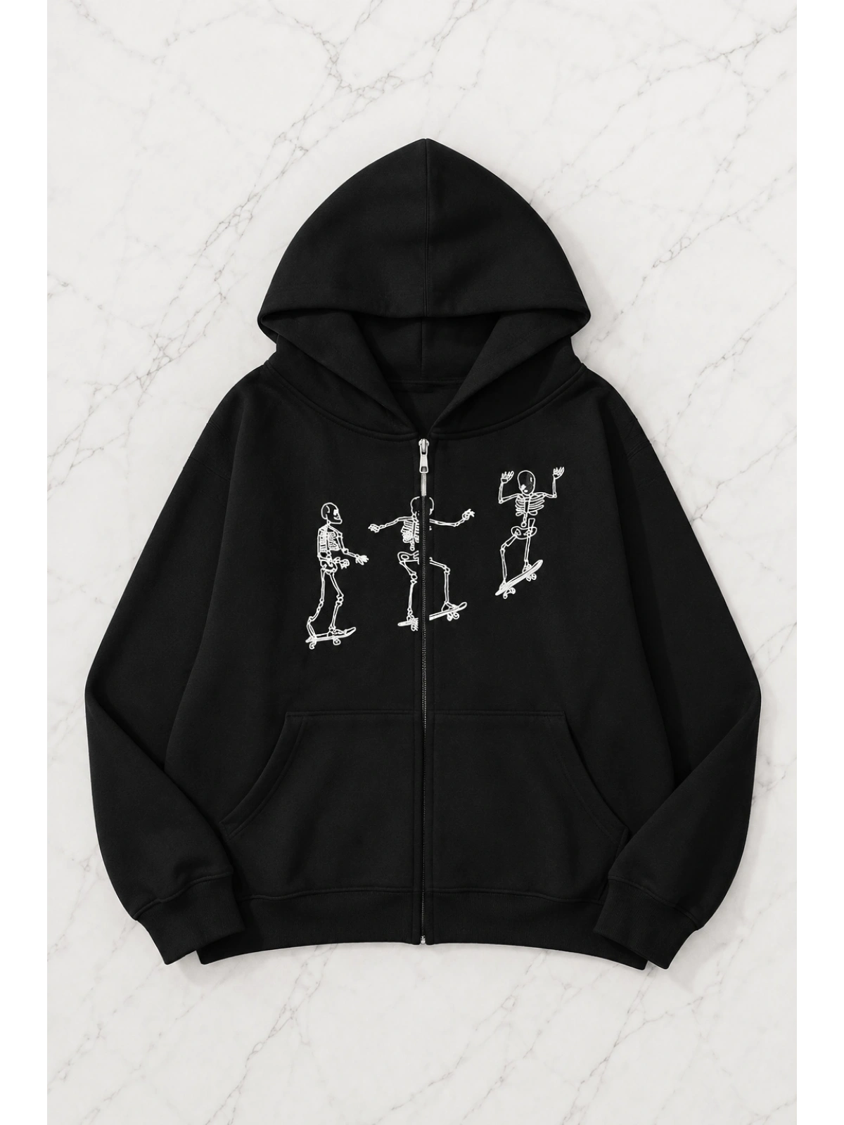 Dancing Skeleton Kapüşonlu Oversize Unisex Hırka - Siyah