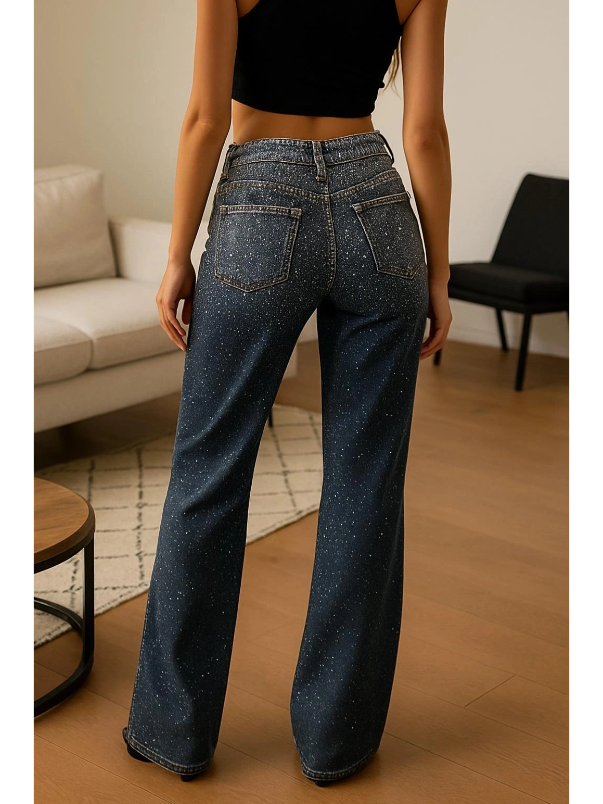 Diamond Taşlı Wide Leg Jean Pantolon - Mavi