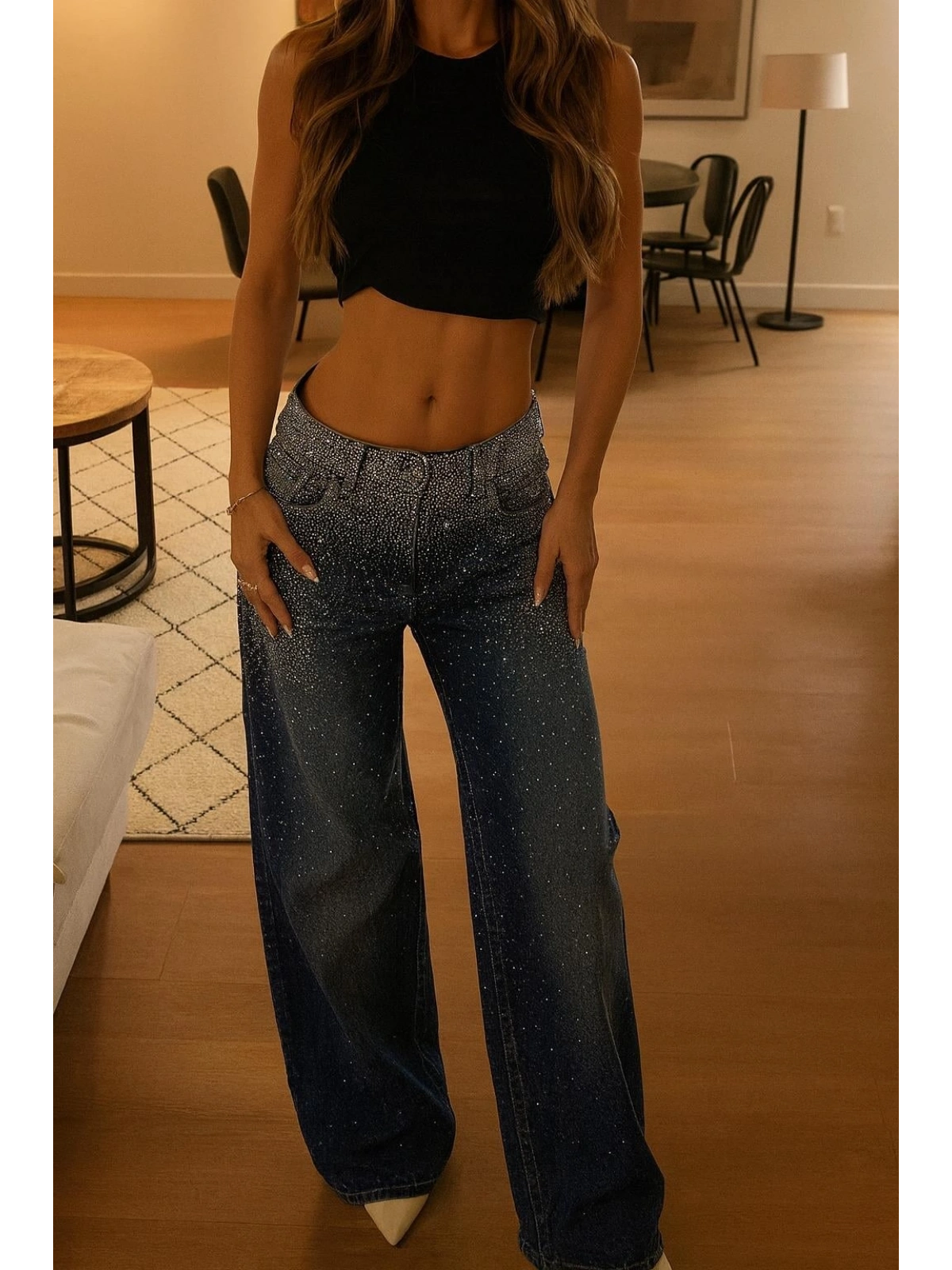 Diamond Taşlı Wide Leg Jean Pantolon - Mavi