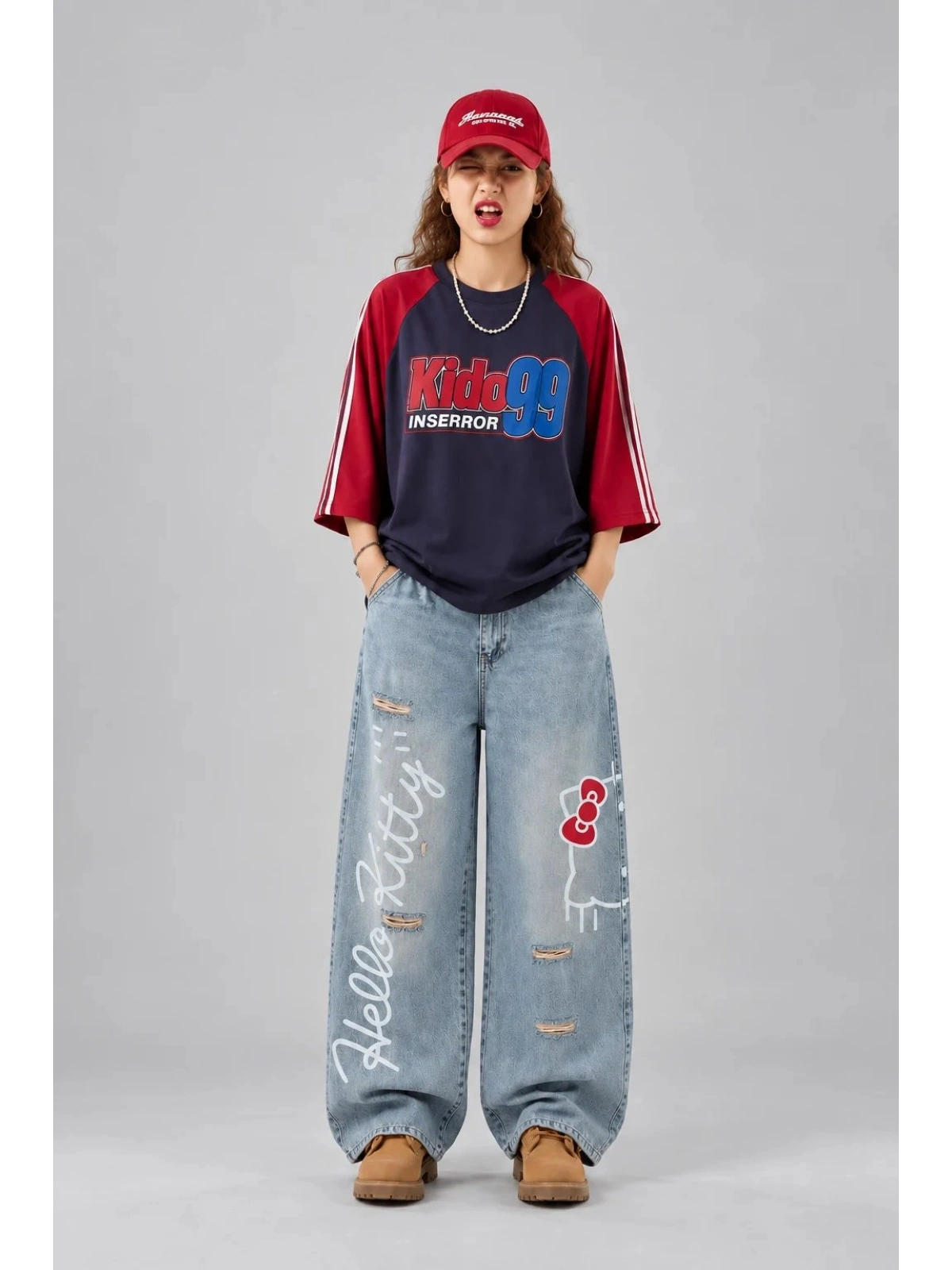 Hello Kitty Detaylı Baggy Jean - Mavi