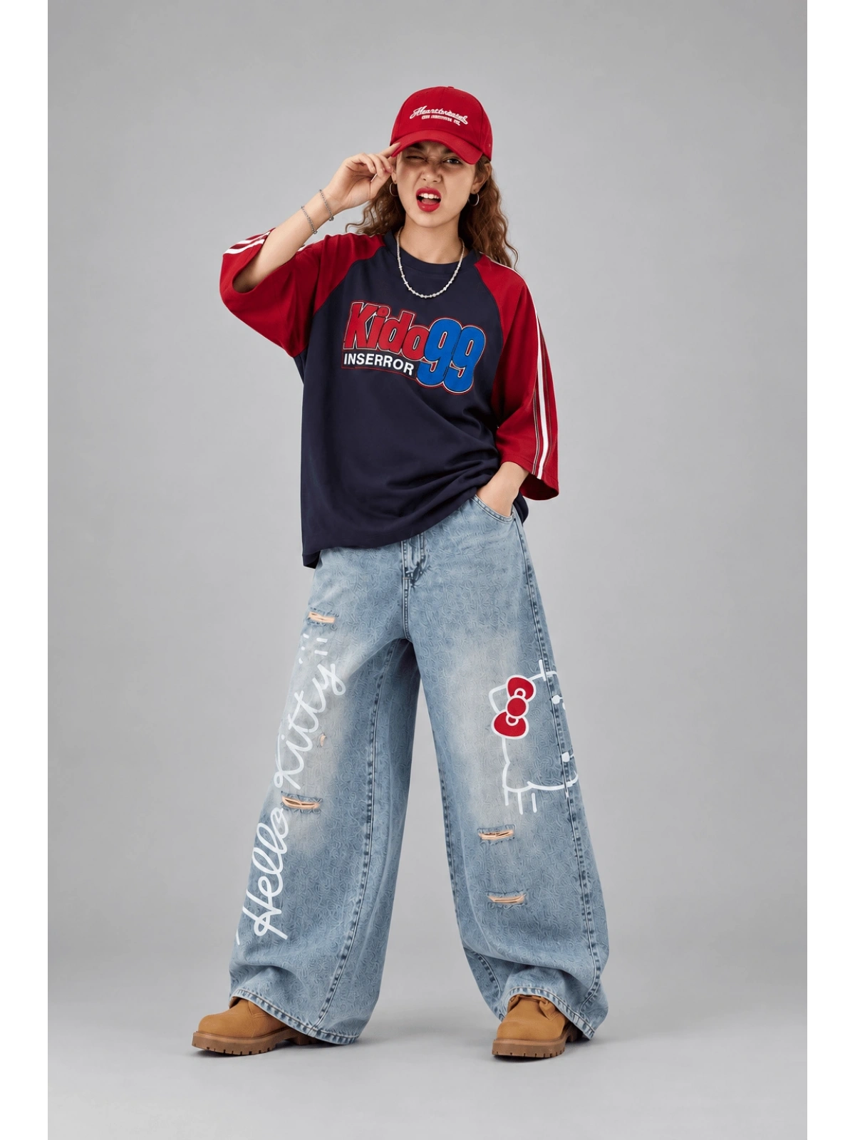 Hello Kitty Detaylı Baggy Jean - Mavi