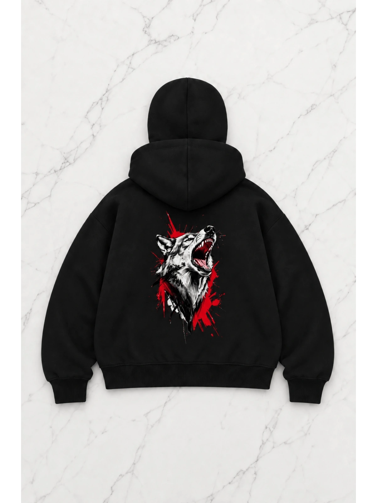 Howling Wolf Baskılı Kar Maskeli Unisex Sweatshirt Hırka - Siyah