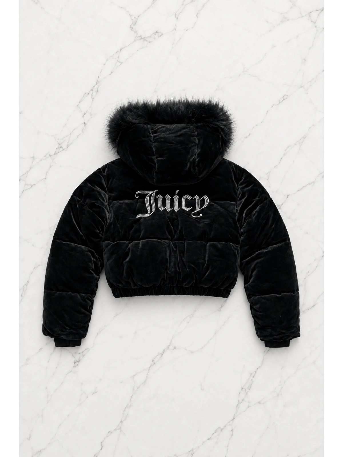 Juicy Peluş Kapüşonlu Şişme Crop Mont - Siyah