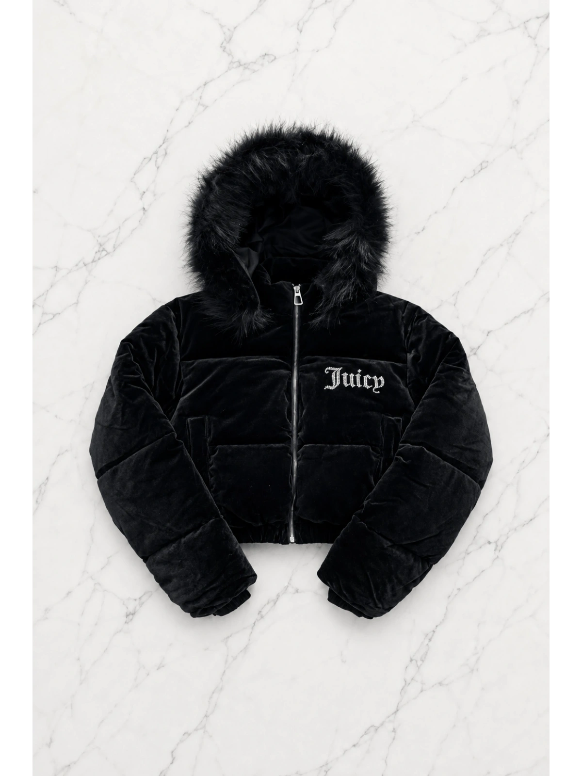 Juicy Peluş Kapüşonlu Şişme Crop Mont - Siyah