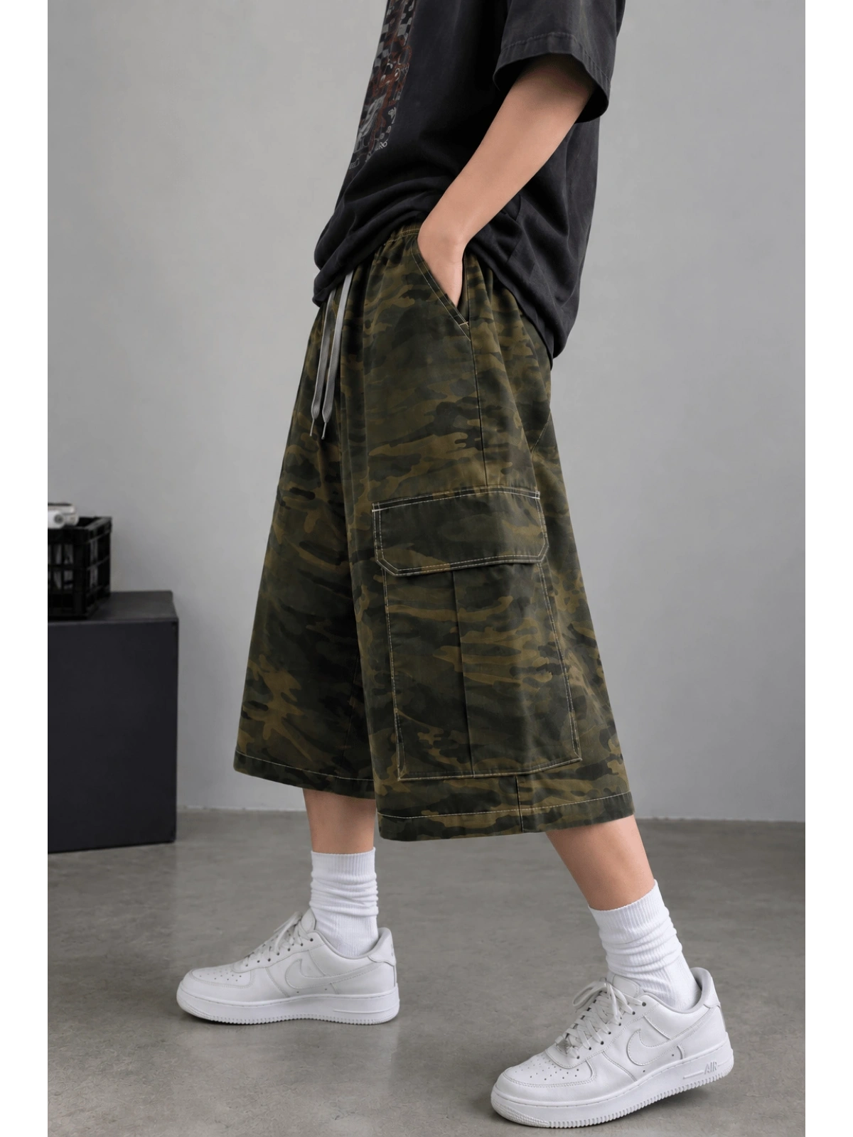 Kamuflaj Kargo Cepli Oversize Bermuda Şort - Haki