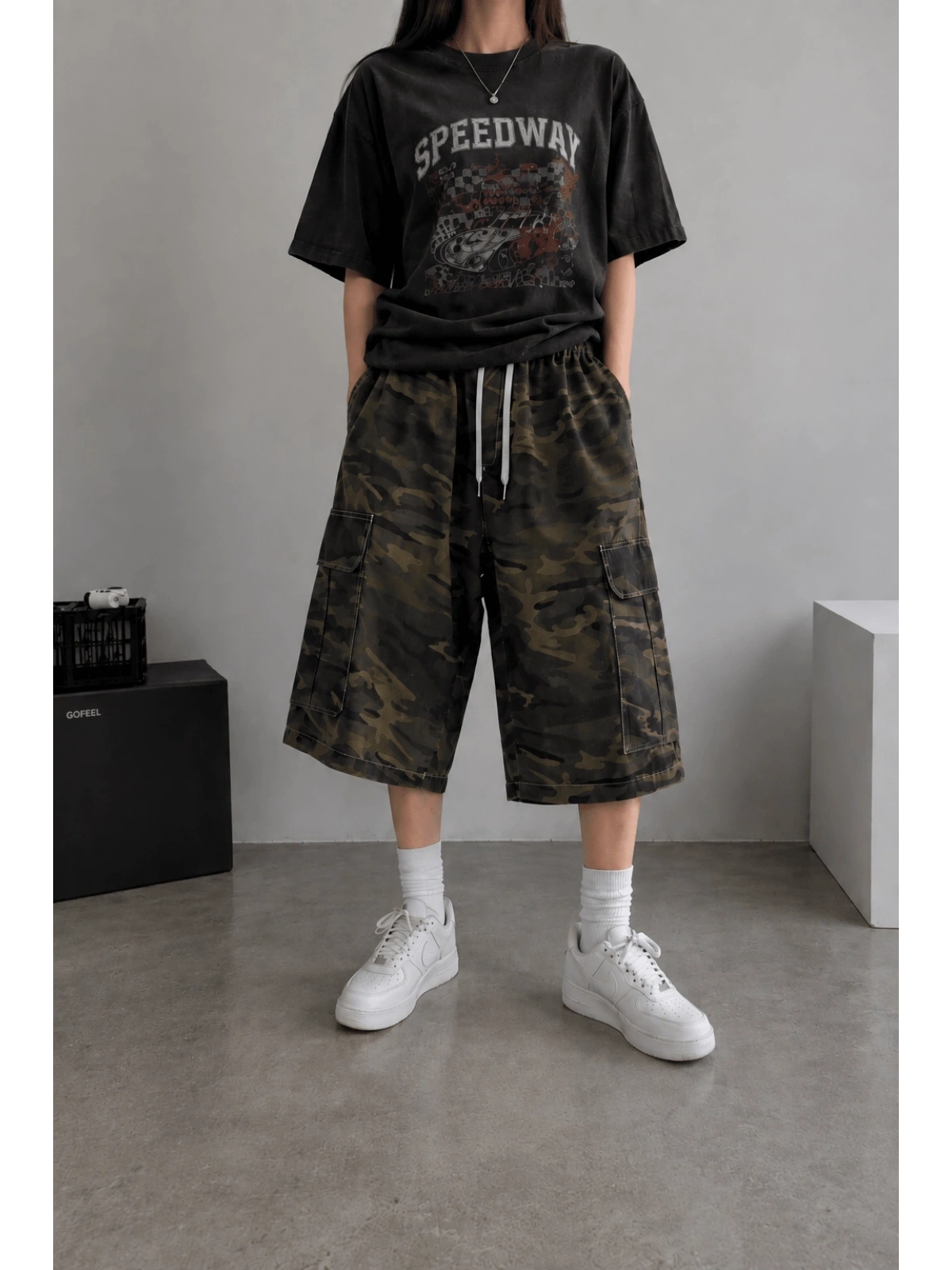 Kamuflaj Kargo Cepli Oversize Bermuda Şort - Haki