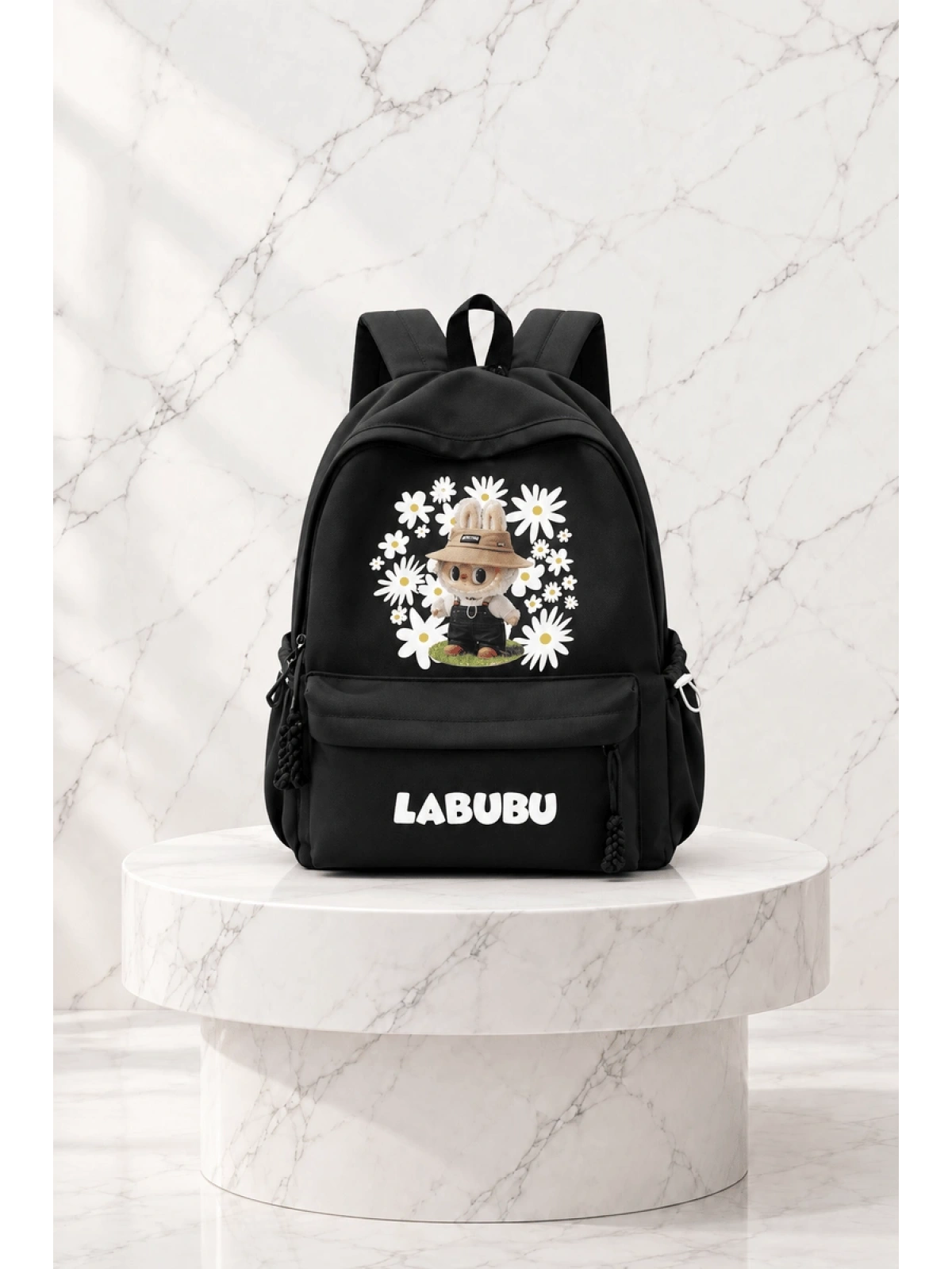 Labubu Design Baskılı Sırt Okul Çantası - Siyah