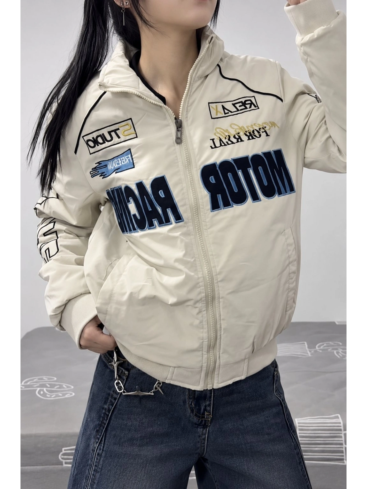 Motor Racer Retro Y2K Unisex Ceket - Beyaz