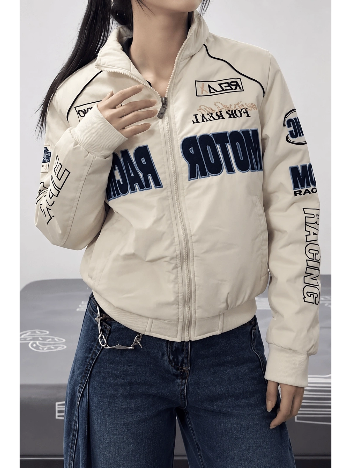 Motor Racer Retro Y2K Unisex Ceket - Beyaz