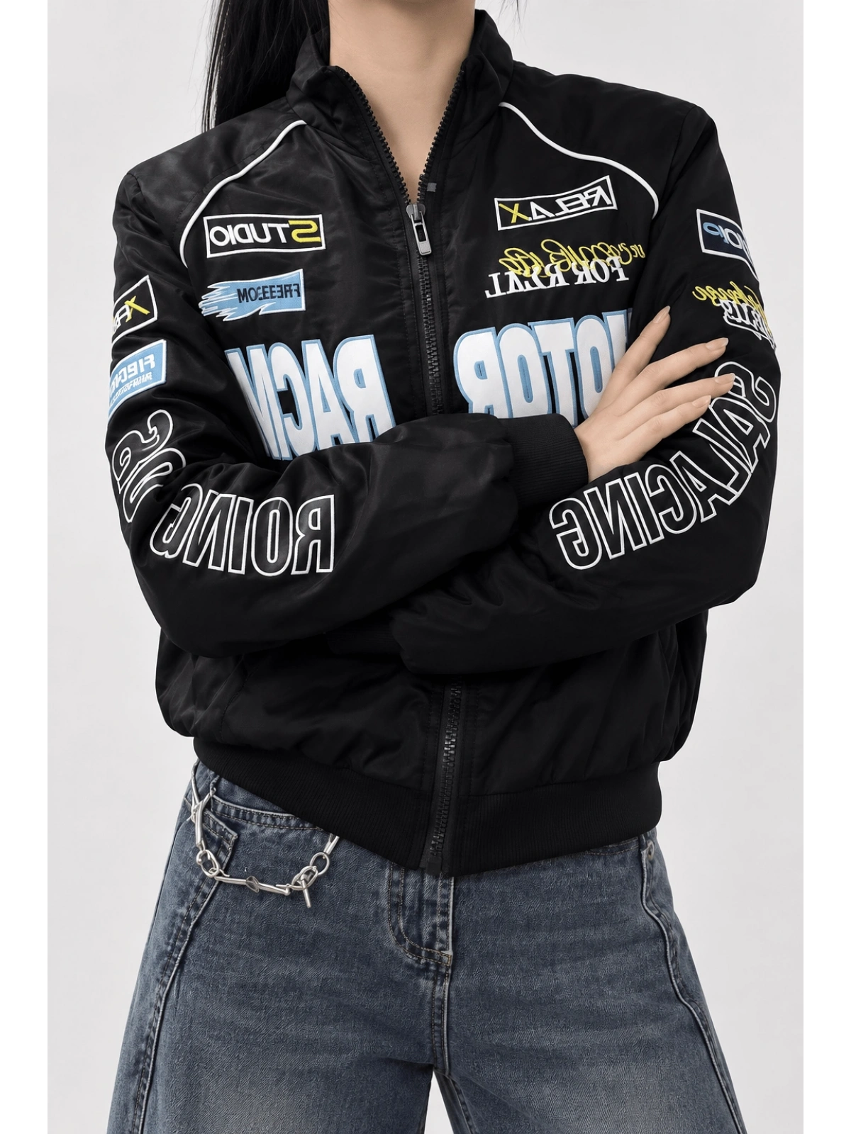 Motor Racer Retro Y2K Unisex Ceket - Siyah