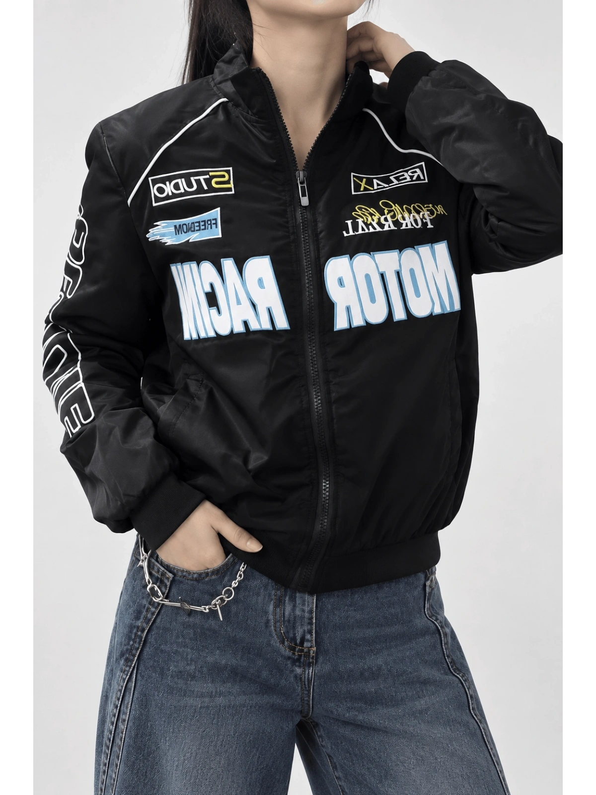 Motor Racer Retro Y2K Unisex Ceket - Siyah