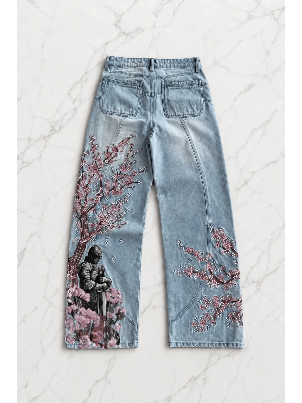 Night Blossom Nakışlı Wide Leg Jean - Mavi