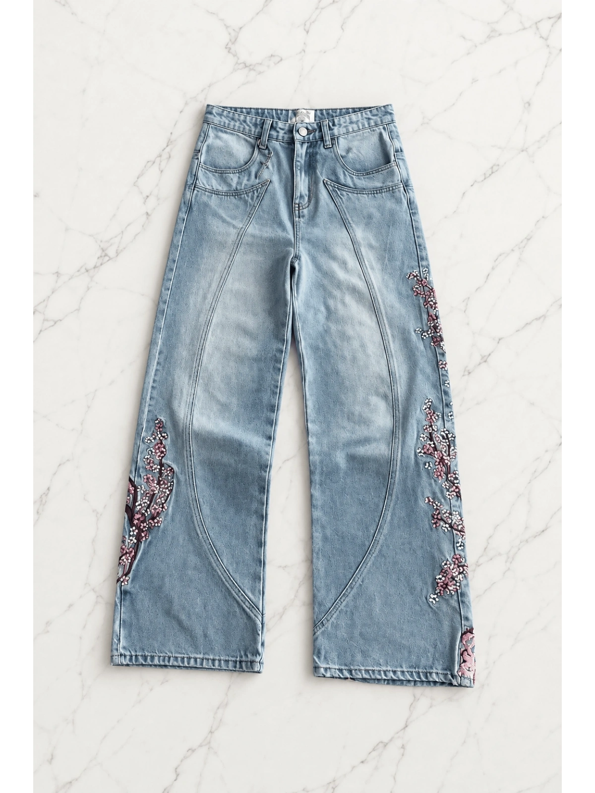 Night Blossom Nakışlı Wide Leg Jean - Mavi