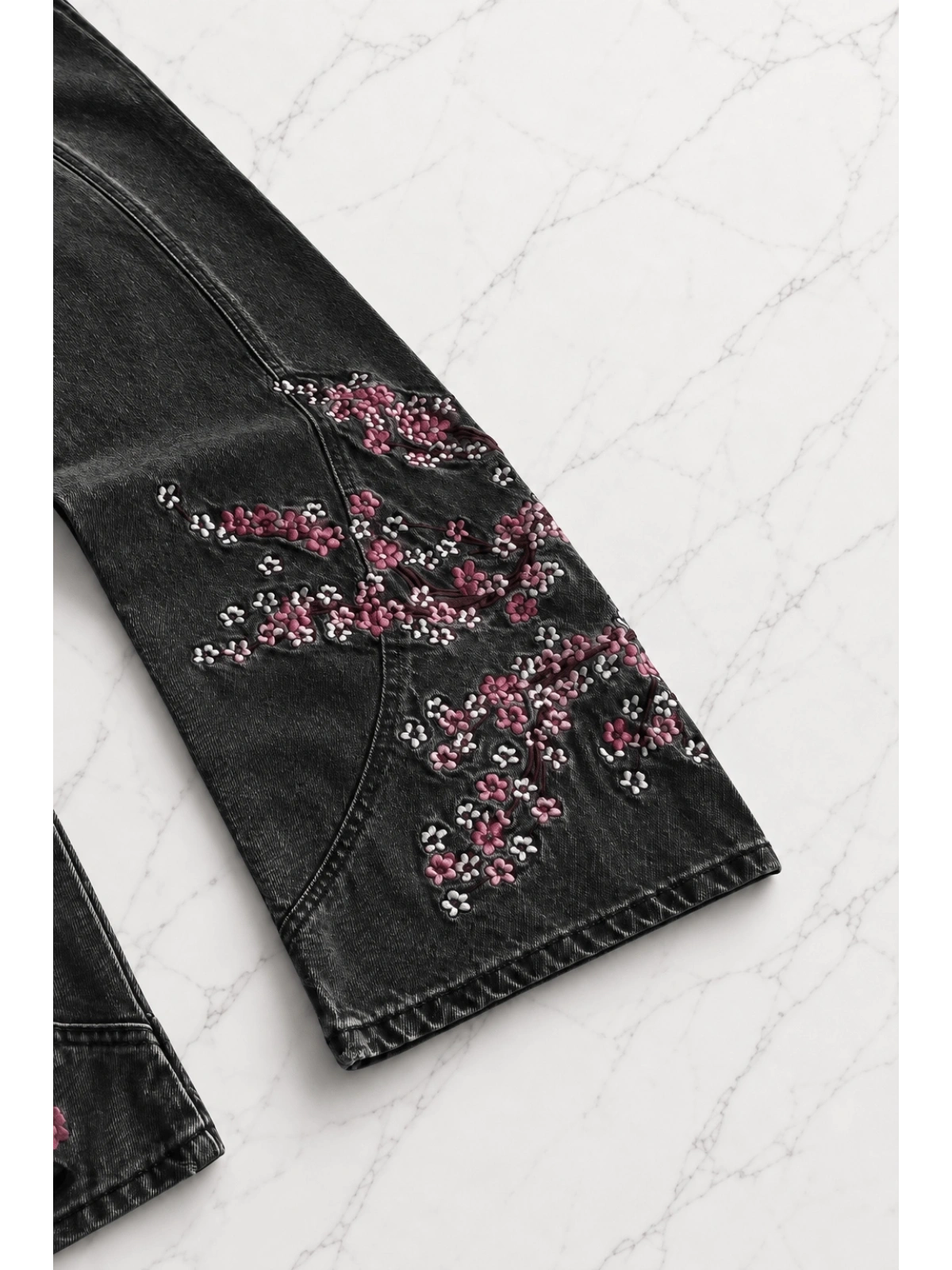Night Blossom Nakışlı Wide Leg Jean - Siyah