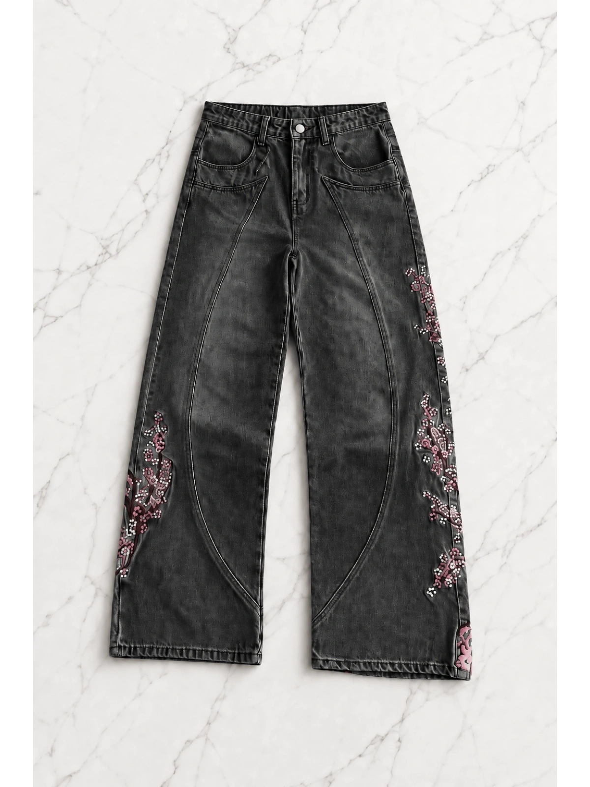Night Blossom Nakışlı Wide Leg Jean - Siyah