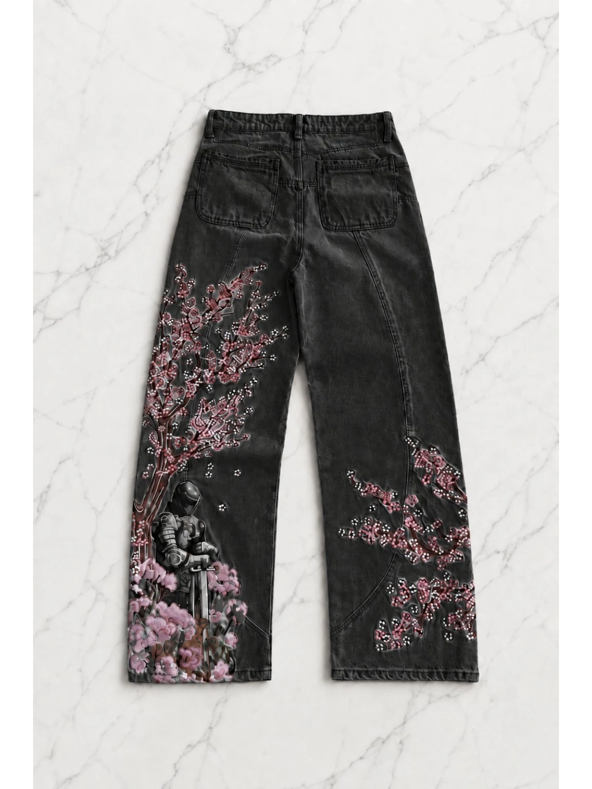 Night Blossom Nakışlı Wide Leg Jean - Siyah