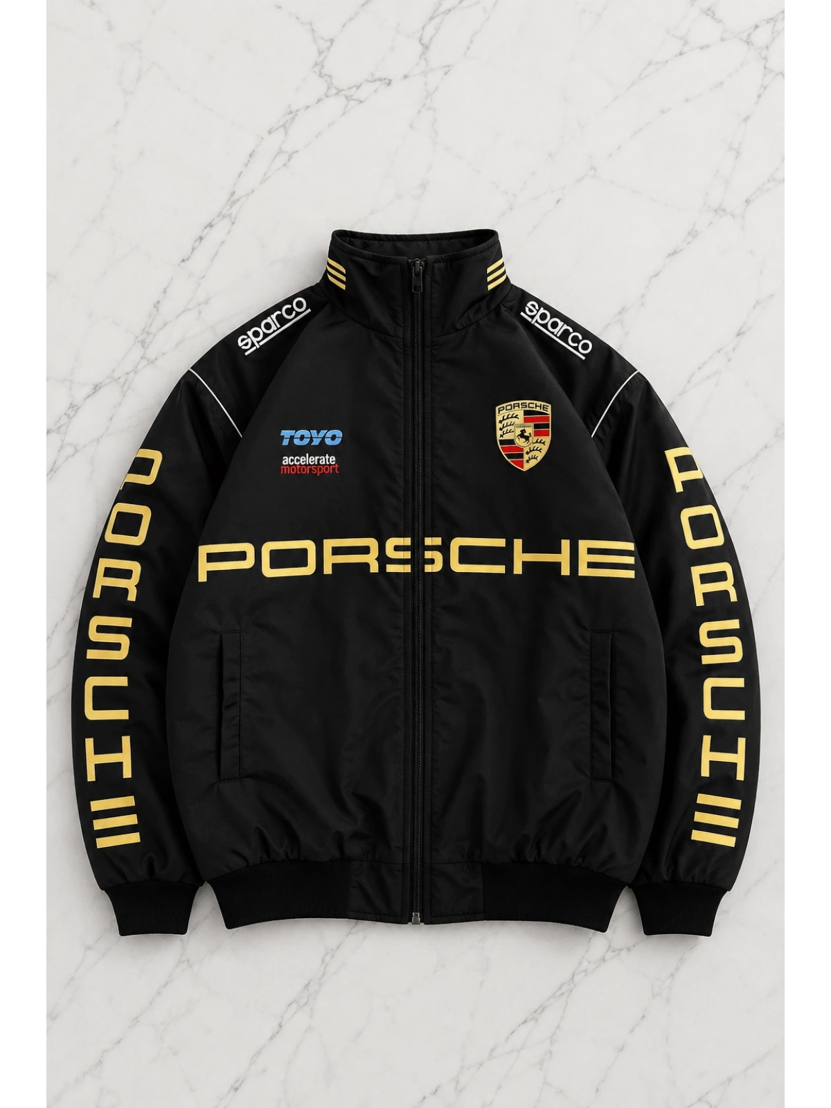 Porsche Desenli Unisex Bomber Ceket - Siyah