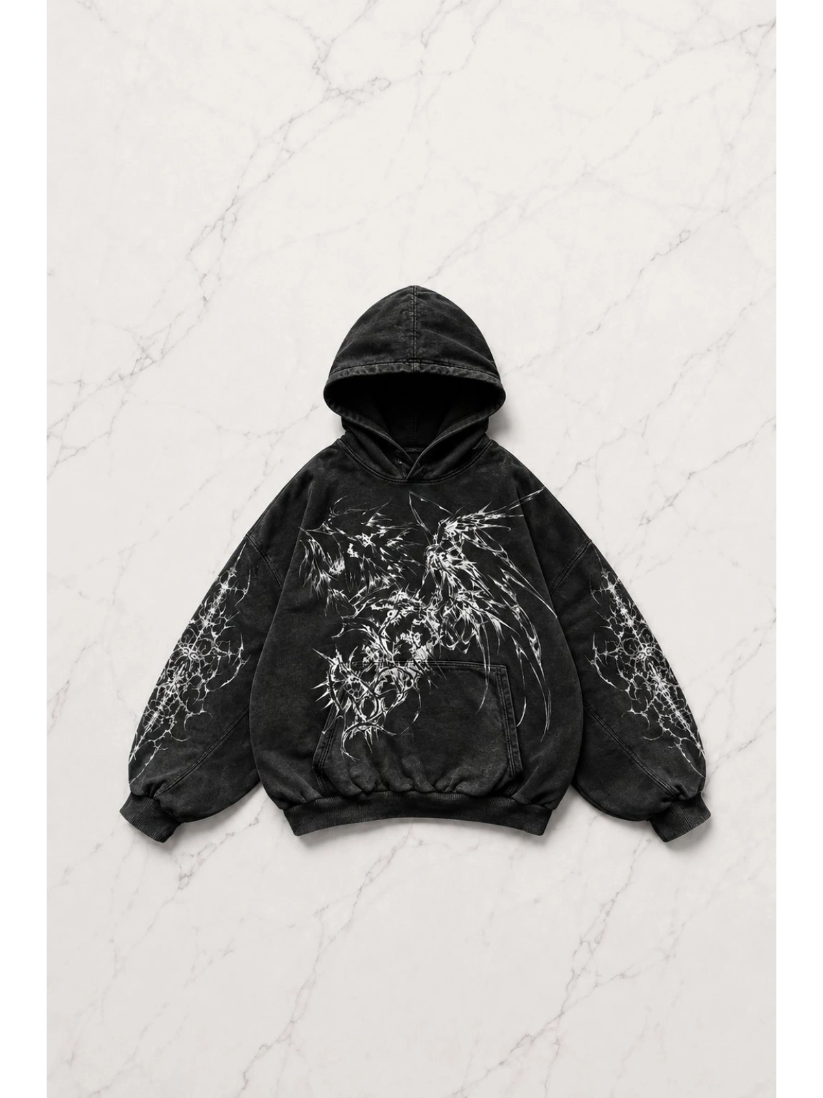 Siyah Punk Anime Detail Gothic Kapüşonlu Sweatshirt