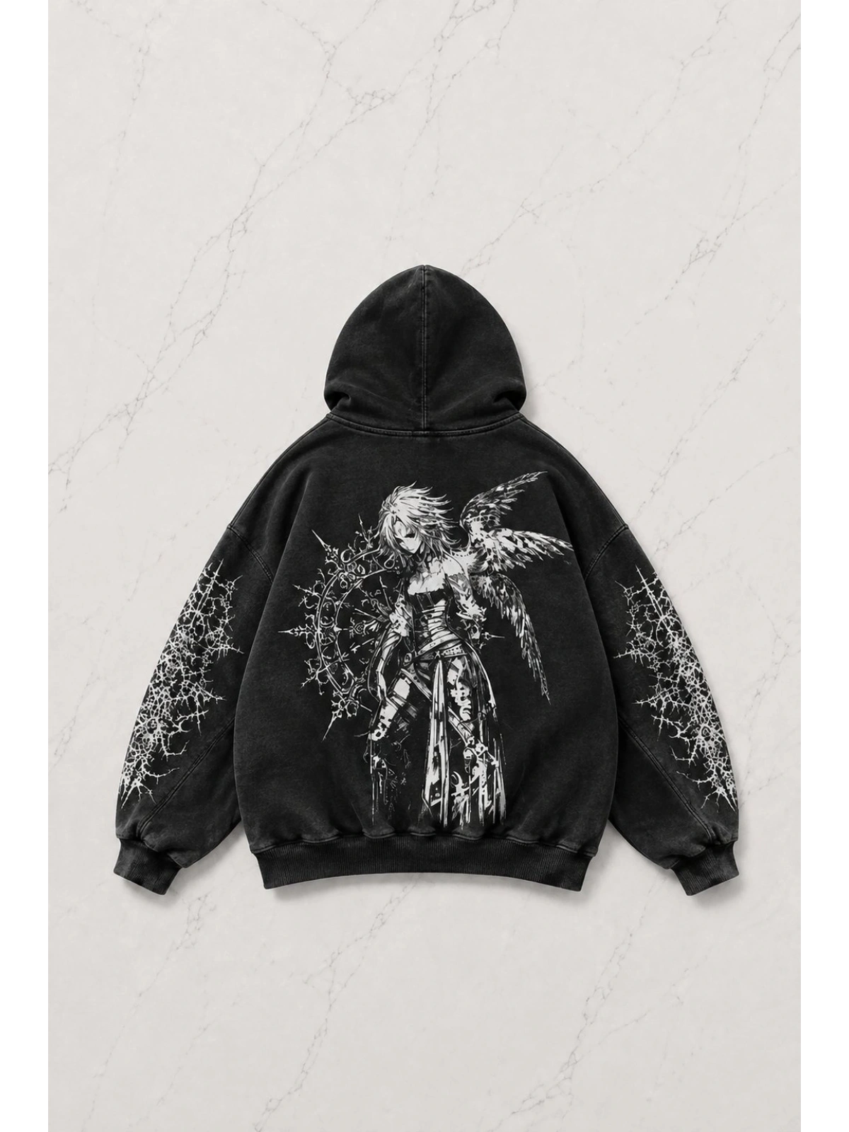 Siyah Thinking Angel Woman Gothic Kapüşonlu Sweatshirt