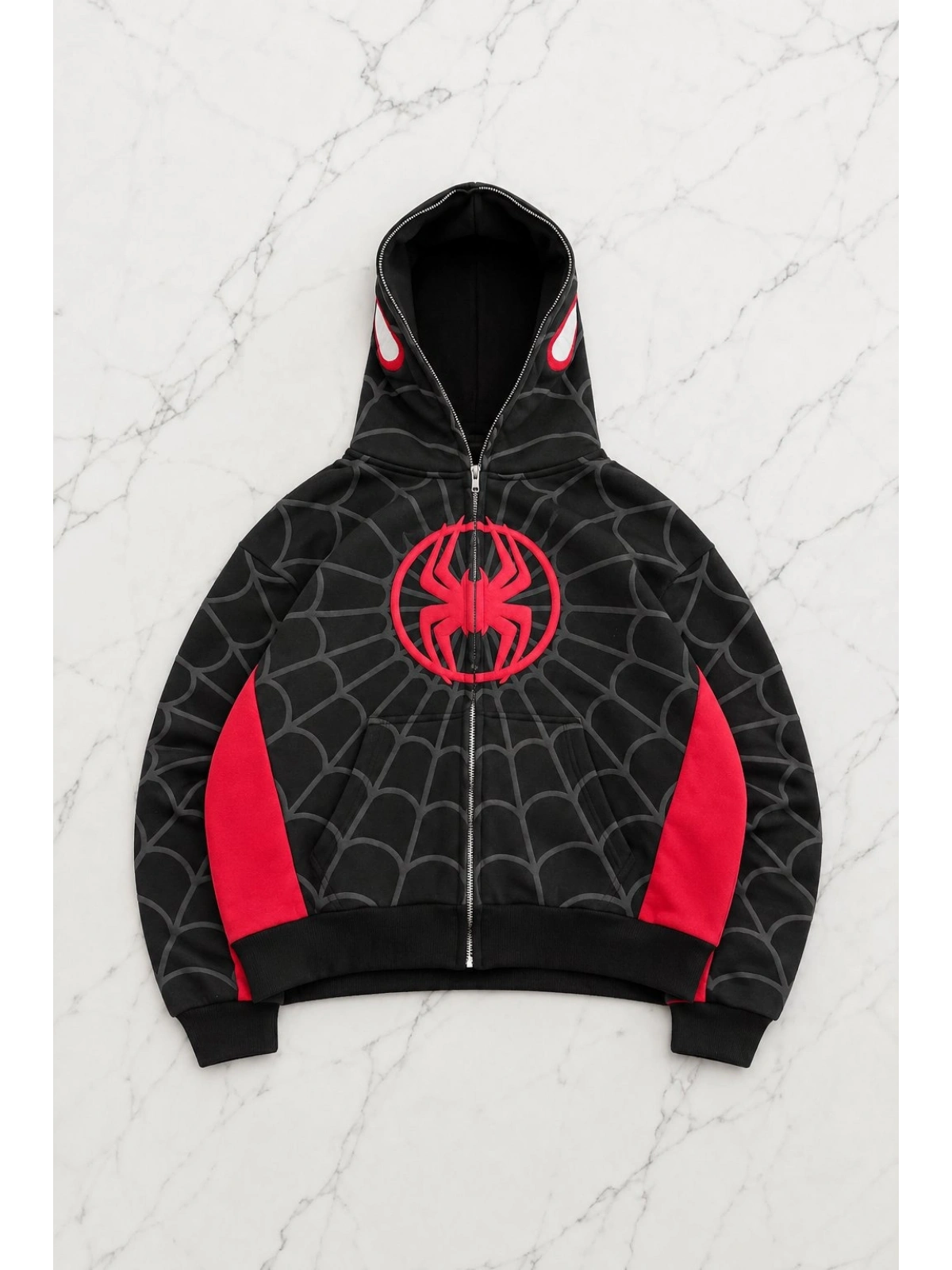 Spider Web Black Kabartma Baskılı Full Zip Hırka ( 3 İplik ) - Siyah
