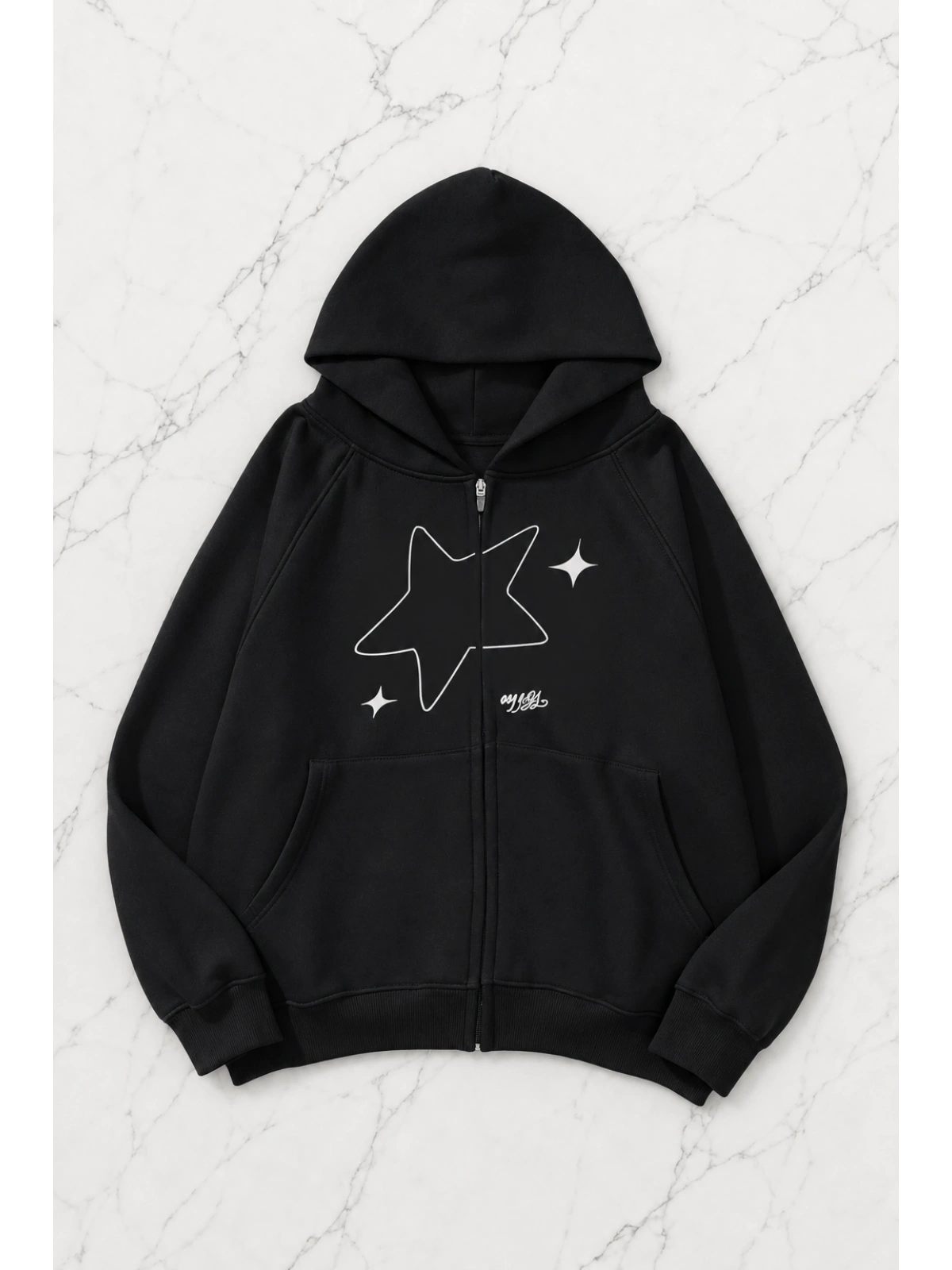 Star Galaxy Kapüşonlu Oversize Unisex Hırka - Siyah