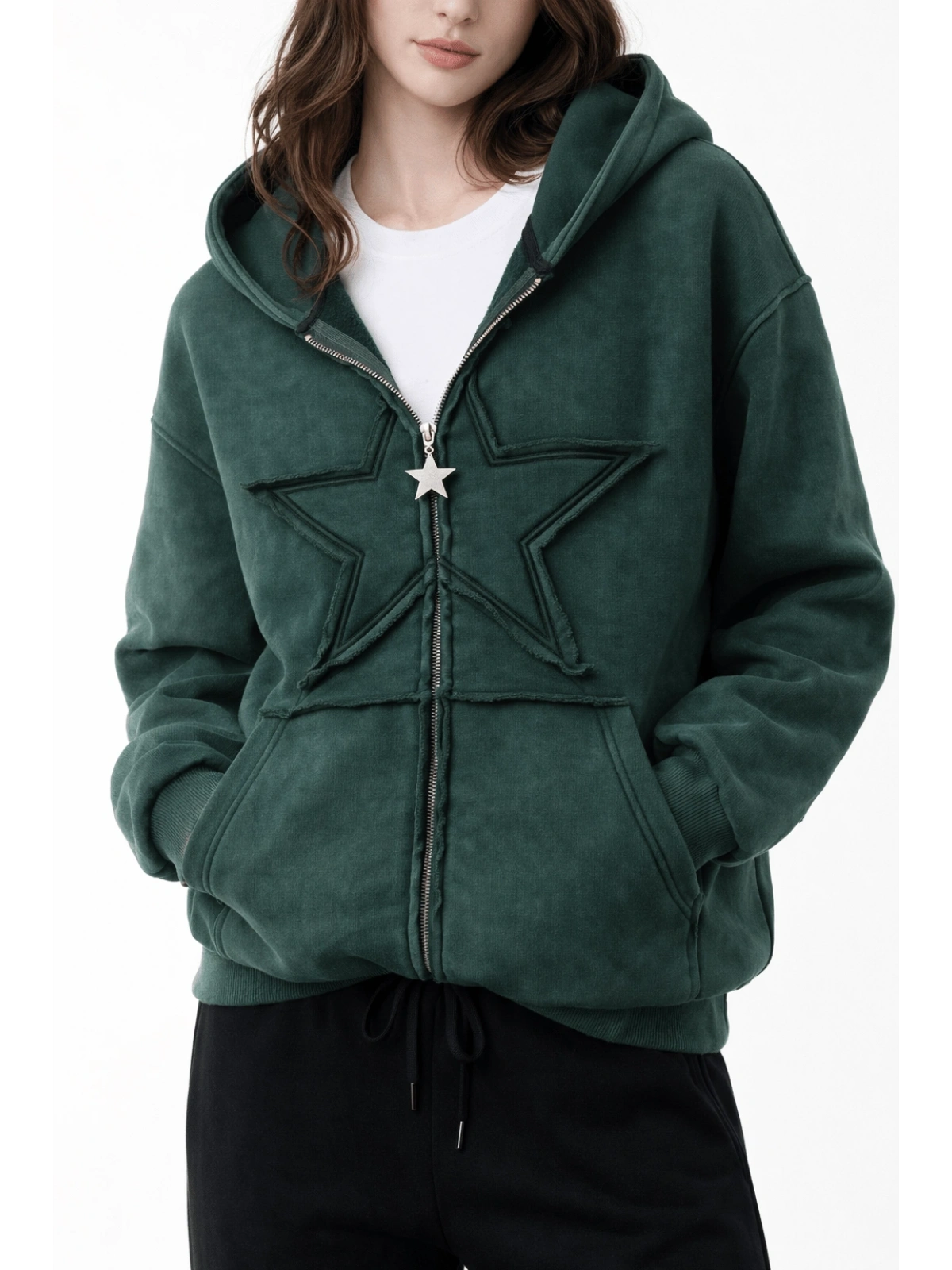Star Washed Unisex Oversize Zip Hoodie  - Yeşil