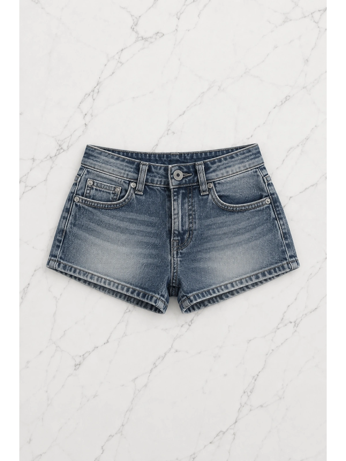 Taşlı Skull Wings Grunge Y2K Kot Mini Şort - Mavi