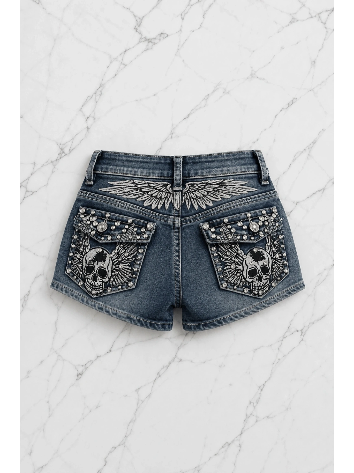 Taşlı Skull Wings Grunge Y2K Kot Mini Şort - Mavi
