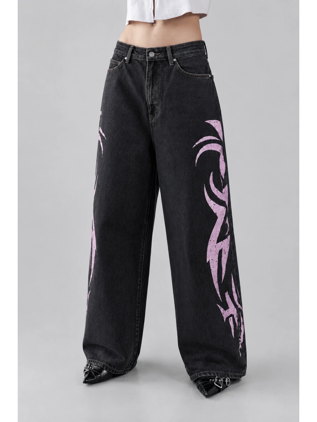 Tribal Desenli Pembe Yıkamalı Jean - Siyah