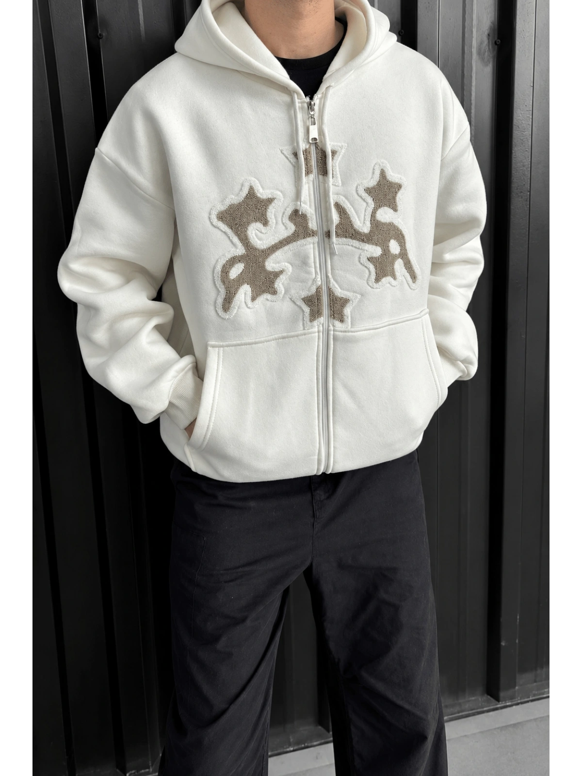 Unisex Süzene Kabartmalı Oversize Hırka - Beyaz