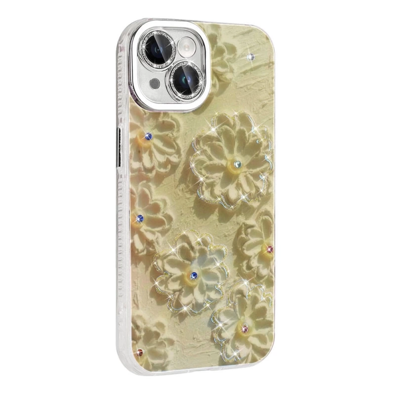 Apple iPhone 14 Kılıf Çiçek Desenli Parlak Taşlı Sert Silikon Zore Garden Kapak