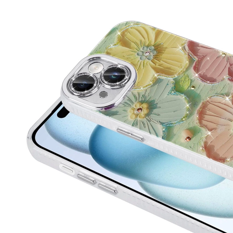 Apple iPhone 15 Kılıf Çiçek Desenli Parlak Taşlı Sert Silikon Zore Garden Kapak