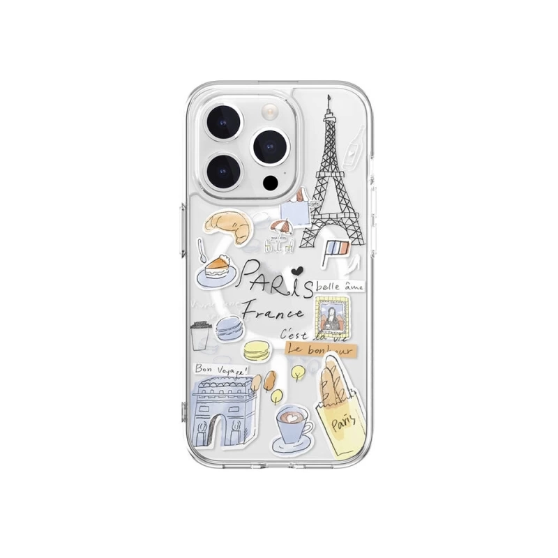 Apple iPhone 15 Pro Kılıf Magsafe Şarj Özellikli Çizim Desenli Şok Önleyicili Şeffaf Lisanslı Switcheasy City-M Paris Kapak