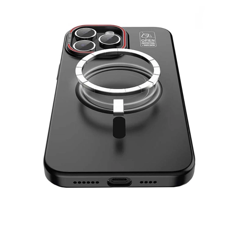 Apple iPhone 15 Pro Kılıf Magsafe Şarj Özellikli Standlı Metal Kamera Çerçeveli Mat Recci Glaze Serisi Kapak