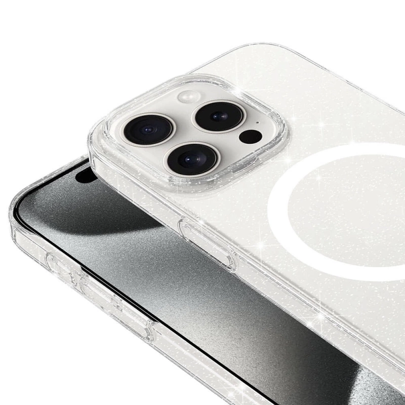 iPhone 15 Pro Max Kılıf Zore Magsafe Şarj Özellikli Simli Şeffaf Arka Yüzey Erdos Silikon Kapak
