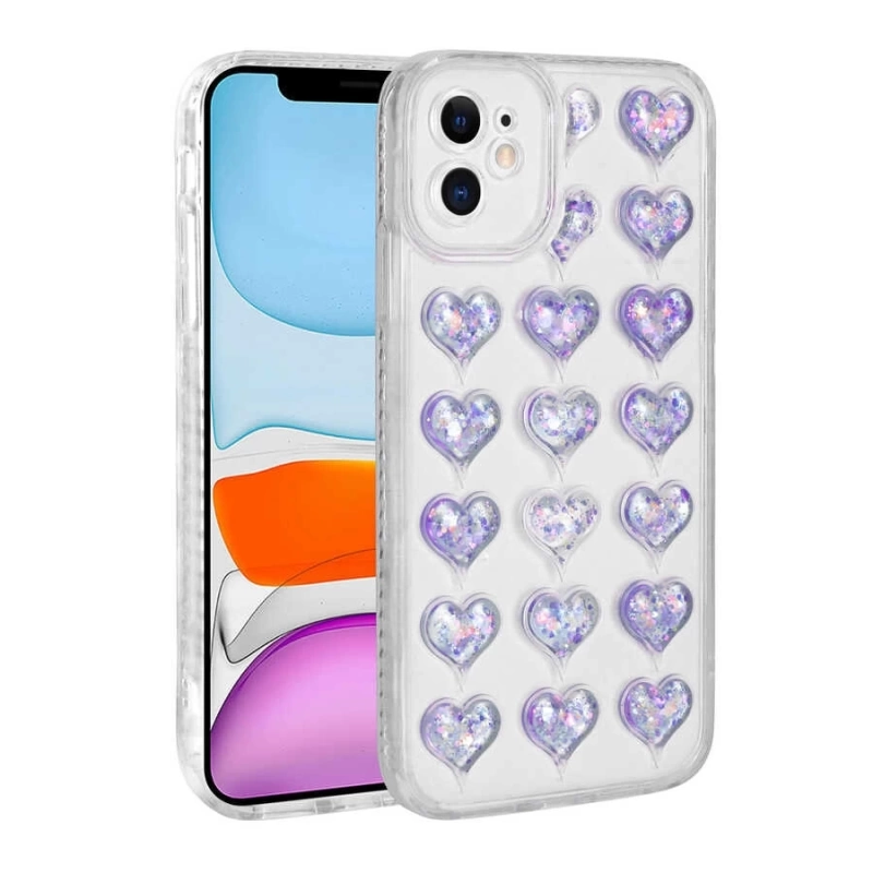More TR Apple iPhone 11 Kılıf Kamera Korumalı Renkli Kalp Desenli Transparan Zore Kalp Kapak
