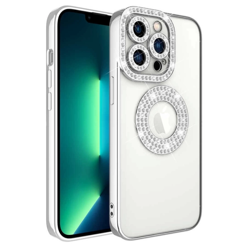 More TR Apple iPhone 13 Pro Kılıf Kamera Korumalı Taş Süslemeli Arkası Şeffaf Zore Asya Kapak