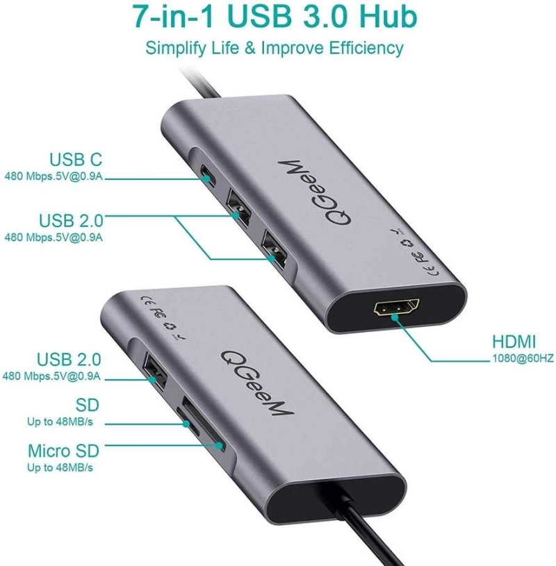 More TR Qgeem QG-UH07-A Type-C Çoğaltıcı ve Dönüştürücü Hub Usb 3.0 HDMI 4K SD Kart 85W 5120Mbps