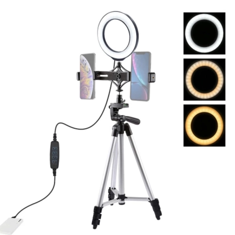 PULUZ Tripod 16cm Çift Telefon tutucu 6.2CM Led Işık Stand Youtuber,Canlı Yayın Selfie TikTok Makeup