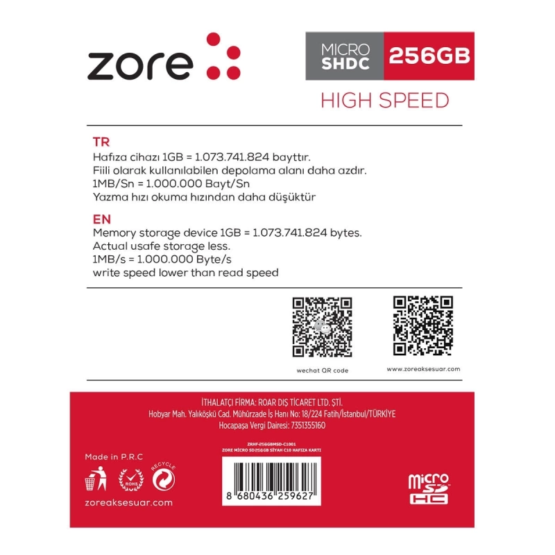 More TR Zore Micro SD Hafıza Kartı 256GB