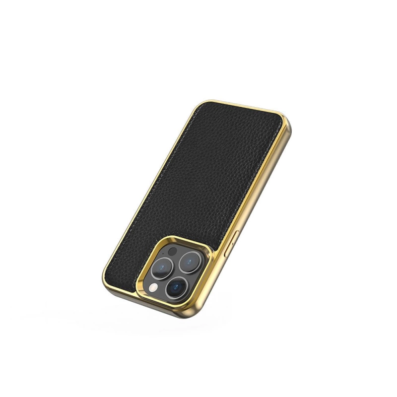 More TR Apple iPhone 13 Kılıf Wiwu Genuine Leather Gold Calfskin Orjinal Deri Kapak