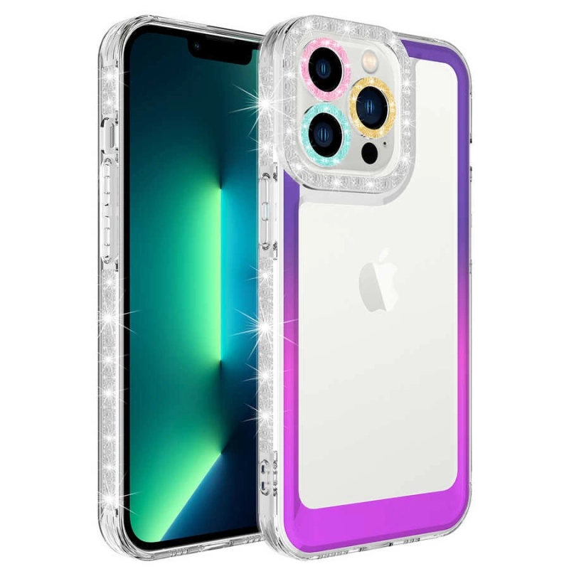 More TR Apple iPhone 12 Pro Max Kılıf Simli ve Renk Geçiş Tasarımlı Lens Korumalı Zore Park Kapak