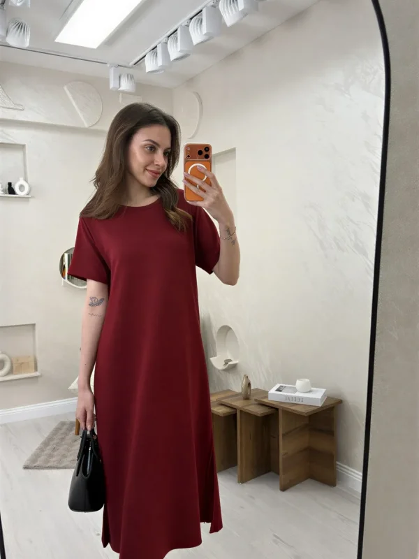 BİSİKLET YAKA MODAL KUMAŞ SALAŞ ELBİSE-BORDO