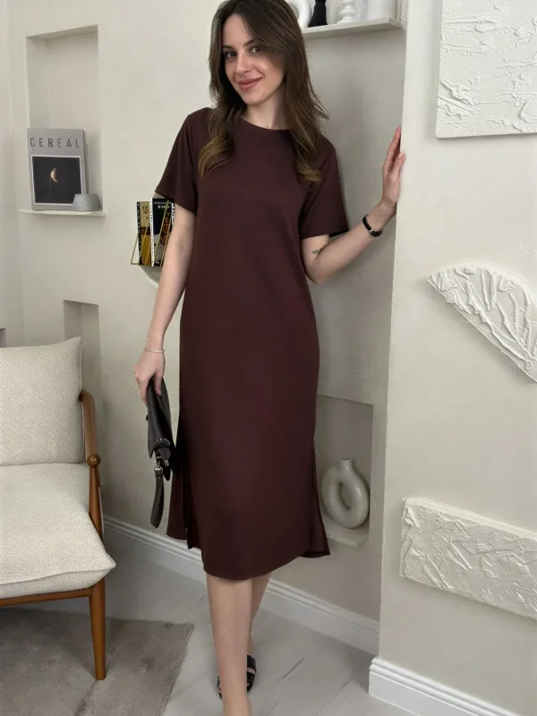 BİSİKLET YAKA MODAL KUMAŞ SALAŞ ELBİSE- KAHVE