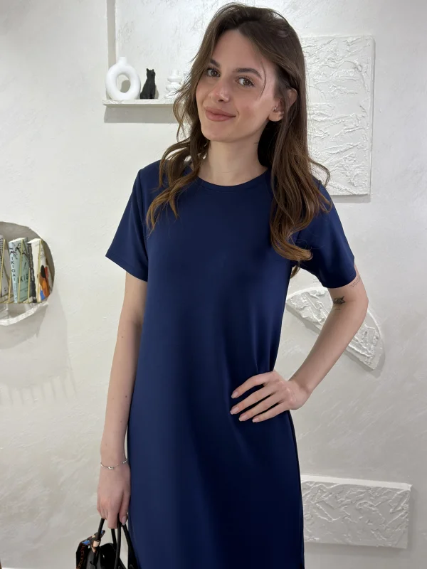 BİSİKLET YAKA MODAL KUMAŞ SALAŞ ELBİSE- LACİVERT