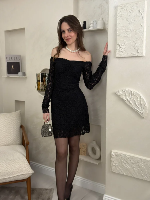 KADIN DANTEL ASTARLI MİNİ ELBİSE- SİYAH