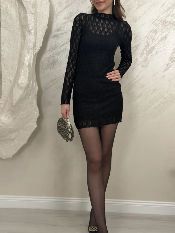 ASİMETRİK ASTARLI TRANSPARAN MİNİ ELBİSE- SİYAH